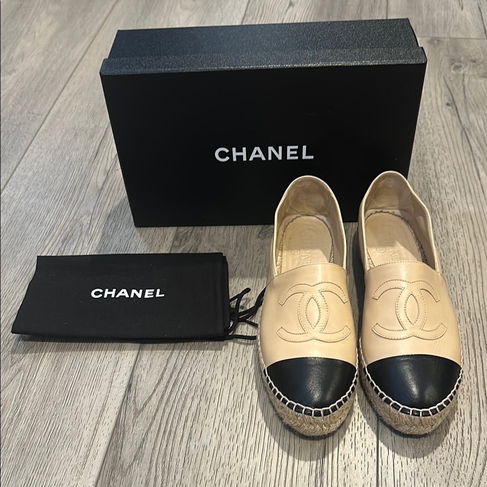 Chanel Cream and Black Espadrille Shoes